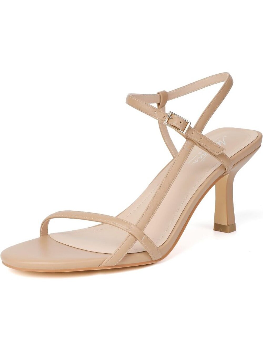 Women's Strappy Square Open Toe Heel Nude Sandals Ankle Strap Stiletto Heel